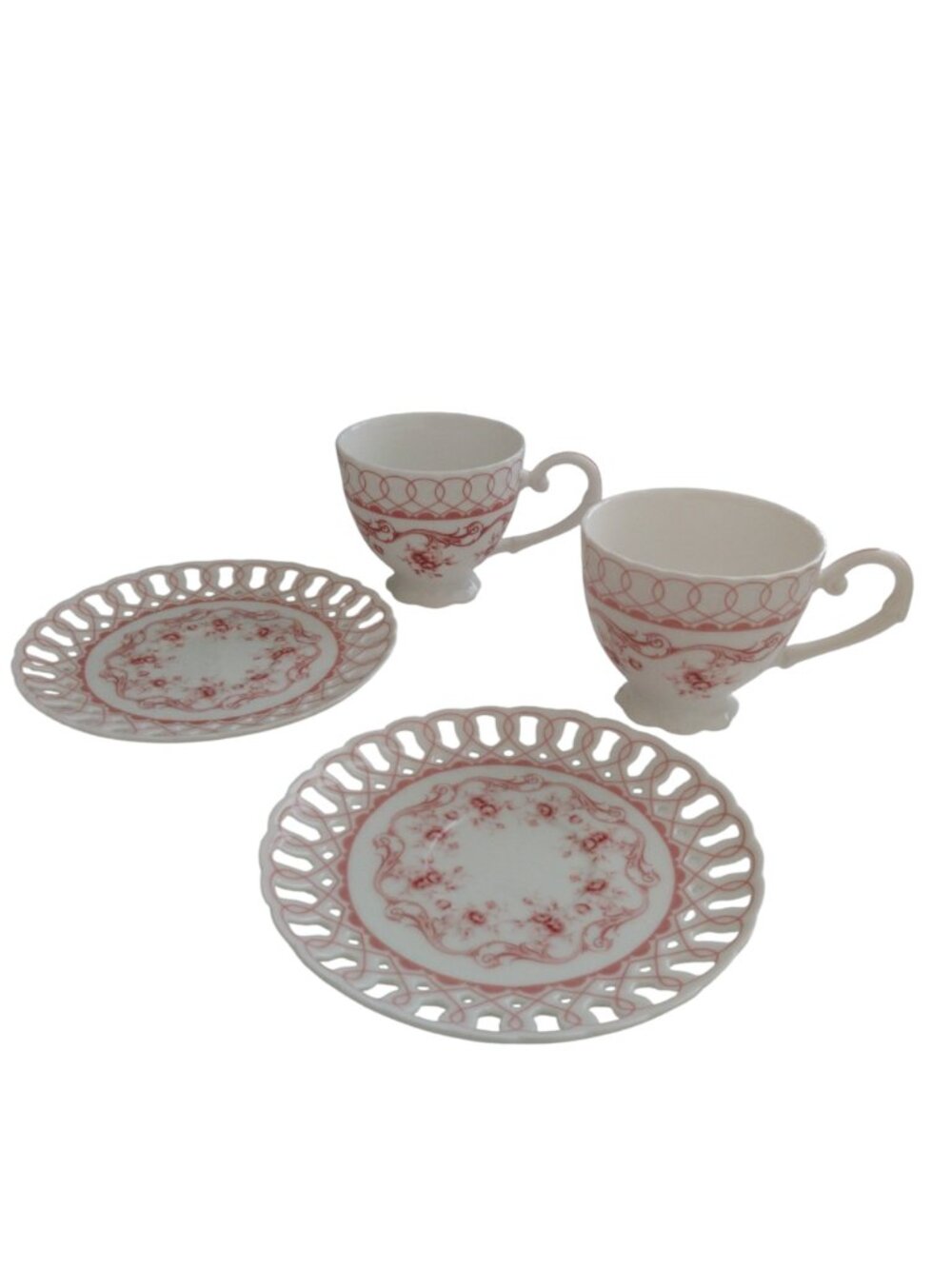 Gracie China Coastline Imports Pink Vine Teacups and Saucers Set of 2 Bone China - Picture 2 of 14